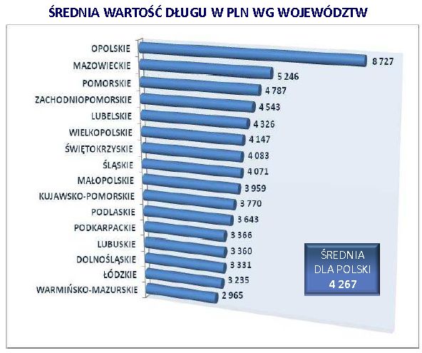 Długi Polaków w 2010 r. wg KRUK SA