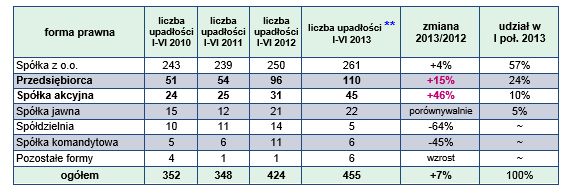 Upadłości firm w Polsce I-VI 2013 r.