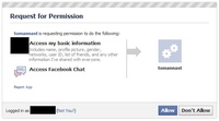 Okno szkodliwej aplikacji żądające dostępu do profilu użytkownika na Facebooku