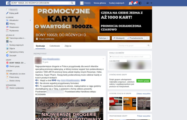 Kolejne oszustwo na Facebooku: bon do drogerii na 1000 zł