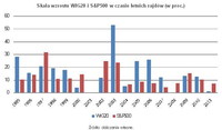 Skala wzrostu WIG20 i S&P500 w czasie letnich rajdów (w proc.)