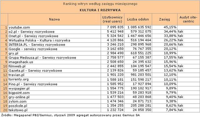 Megapanel: serwisy tematyczne I 2009