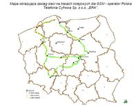 Mapa obrazująca zasięg sieci na trasach kolejowych dla GSM - operator Polska Telefonia Cyfrowa Sp. z