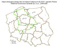 Mapa obrazująca zasięg sieci na trasach kolejowych dla GSM - operator Polska Telefonia Komórkowa Cen