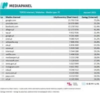 Top20 domen, z których korzysta najwięcej internautów - komputery osobiste i laptopy