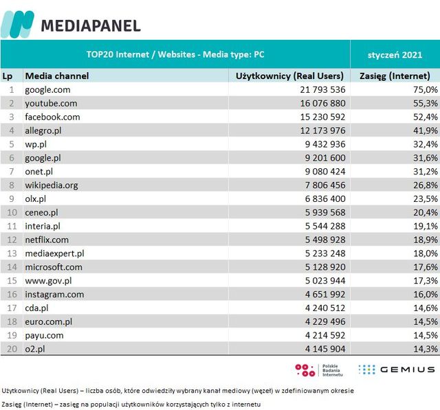 Badania internetu Gemius/PBI I 2021