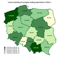 Liczba udzielonych noclegów według województw w 2010 r.
