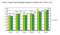 Stopień wykorzystania miejsc noclegowych w I półroczu 2012 r. i 2013 r. (w %)