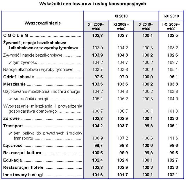 Inflacja XI 2010