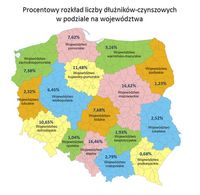 Procentowy rozkład liczby dłużników czynszowych w podziale na województwa