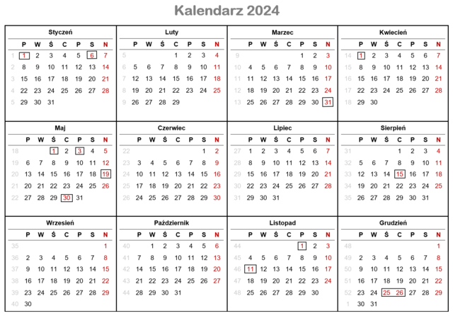 Dni wolne od pracy i kalendarz świąt 2024
