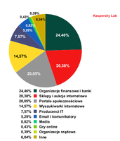 100 organizacji, według obszaru aktywności, najczęściej atakowanych przez phisherów w styczniu 2012
