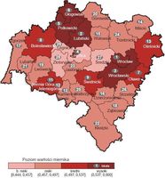 Powiaty województwa dolnośląskiego według ogólnego miernika kapitału ludzkiego NSP 2002
