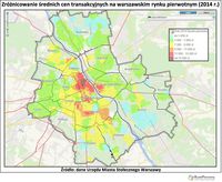 Mapa 1 - zróżnicowanie średnich cen na warszawskim rynku pierwotnym