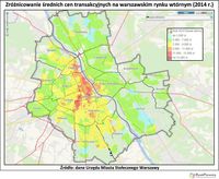 Mapa 2 - zróżnicowanie średnich cen na warszawskim rynku wtórnym