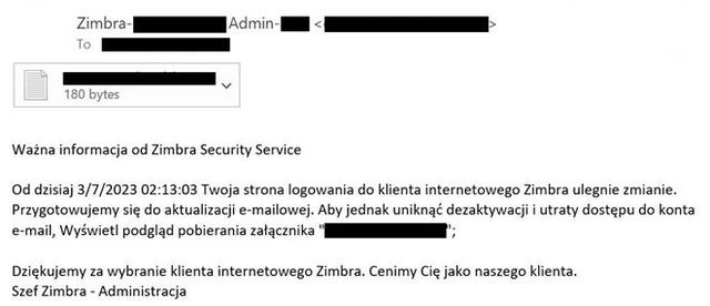 Kampania phishingowa wymierzona w platformę Zimbra