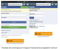 Przykłady stron phishingowych imitujących Facebooka dla przeglądarek mobilnych 