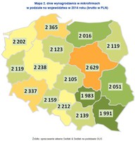 Mapa. Średnie wynagrodzenia w mikrofirmach w podziale na województwa w 2014 roku (brutto w PLN)