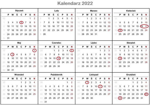 Dni wolne od pracy i kalendarz świąt 2022
