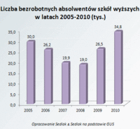 Liczba bezrobotnych absolwentów szkół wyższych w latach 2005-2010 (tys.)
