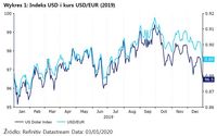 Wykres 1: Indeks USD i kurs USD/EUR (2019)
