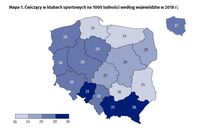 Ćwiczący w klubach sportowych na 1000 ludności według województw w 2018 r.