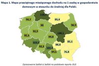 Mapa przeciętnego miesięcznego dochodu na 1 osobę w gosp. domowym w stosunku do średniej dla Polski