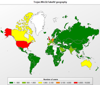 Rozkład geograficzny jednej z rodzin fałszywego oprogramowania antywirusowego (maj 2011)