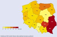 Wskaźnik zagrożenia ubóstwem relatywnym wg województw (na podstawie EU-SILC 2008)
