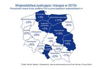Procentowa zmiana upadłości w poszczególnych województwach r/r