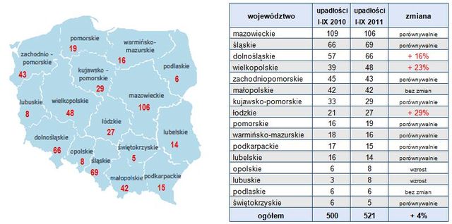 Upadłości firm w Polsce I-IX 2011 r.