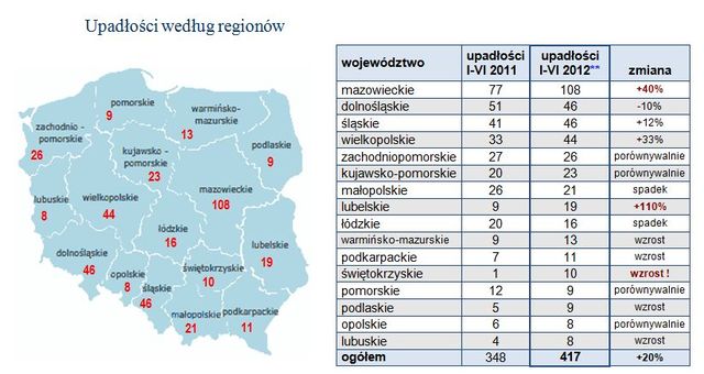 Upadłości firm w Polsce I-VI 2012 r.