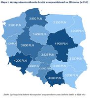 Mapa 1. Wynagrodzenia całkowite brutto w województwach w 2016 roku (w PLN)