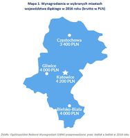 Mapa 1. Wynagrodzenia w wybranych miastach województwa śląskiego w 2016 roku 