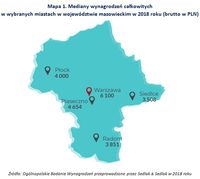 Mapa 1. Mediany wynagrodzeń całkowitych w wybranych miastach w województwie mazowieckim w 2018 roku 