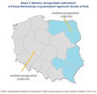 Mapa 2. Mediany wynagrodzeń całkowitych w Polsce Wschodniej i w pozostałych regionach