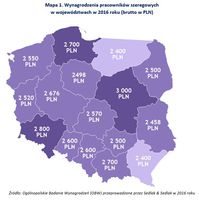 Mapa 1. Wynagrodzenia pracowników szeregowych w województwach w 2016 roku