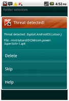 Okno programu Kaspersky Mobile Security dla systemu Android informujące  o wykrytym zagrożeniu